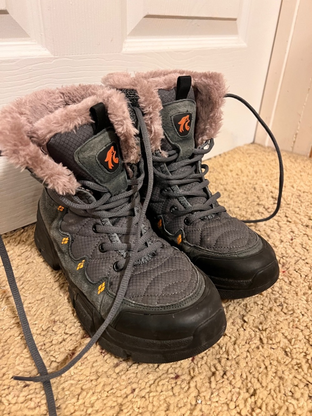 Gray Quilted Winter Boots with Faux Fur Trim